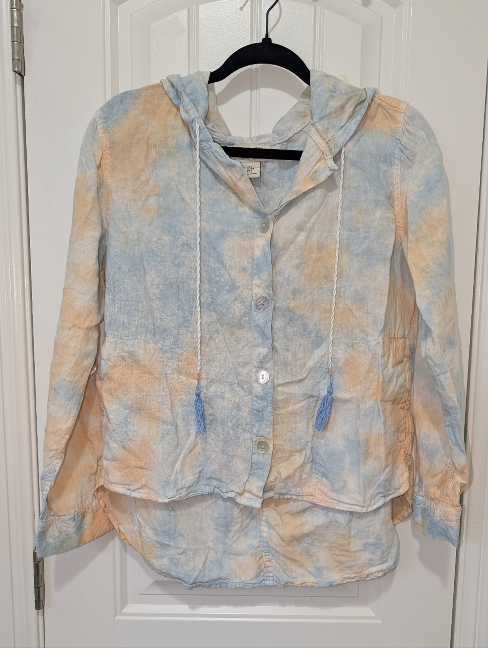 Linen Tie-Dye Hooded Button-Up Jacket - Blue & Cream S